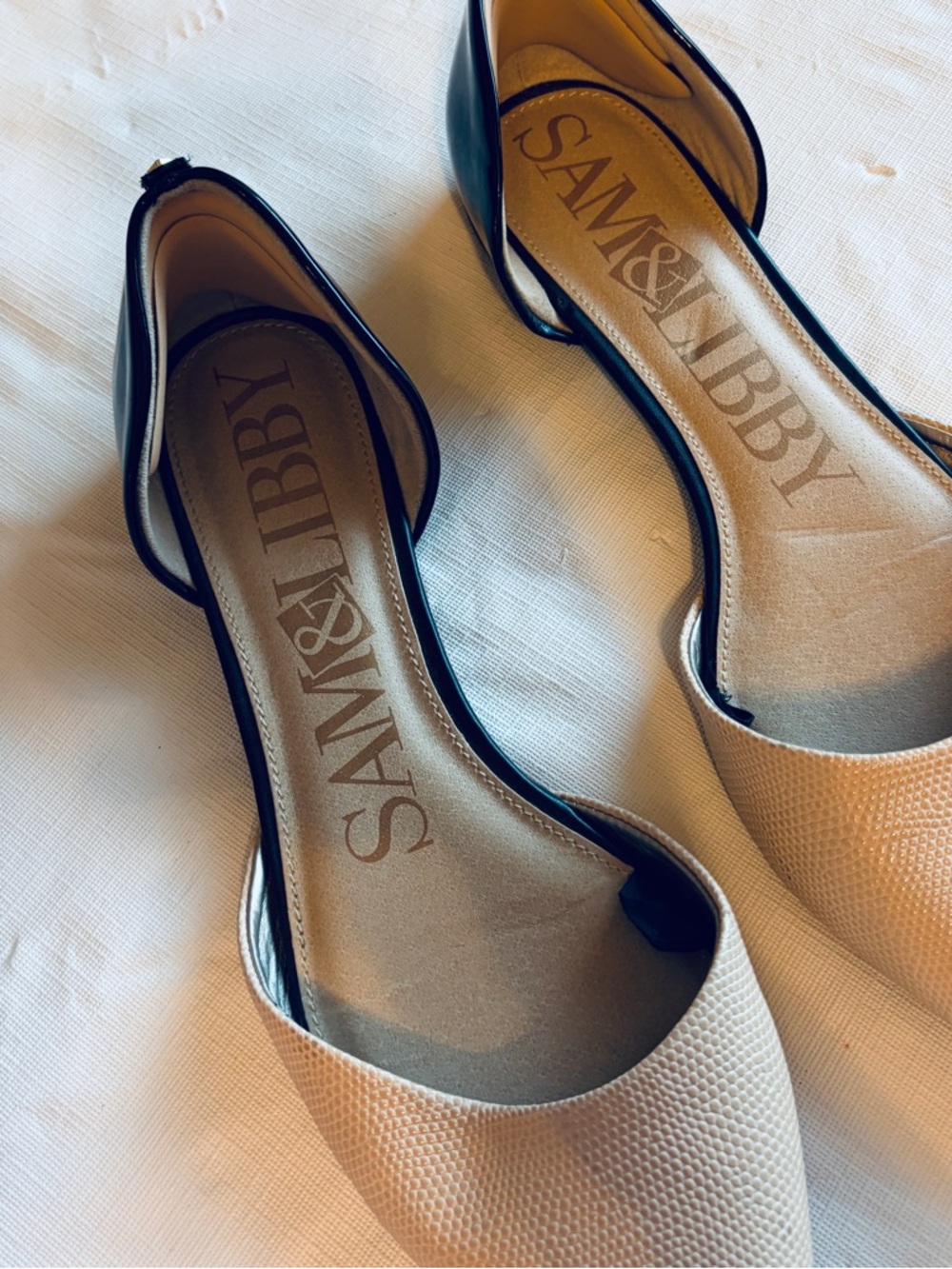 Sam & Libby Beige Pointed D'Orsay Flats with Black Patent Heel - Picture 4 of 7
